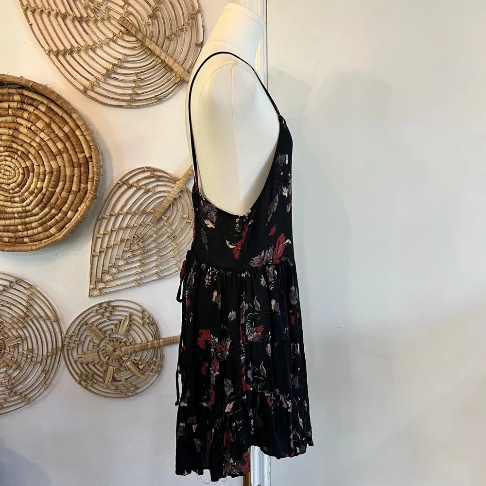 Free People‎ Black Rayon Circle of Flowers Tiered Ruffle Mini Dress Fairycore S